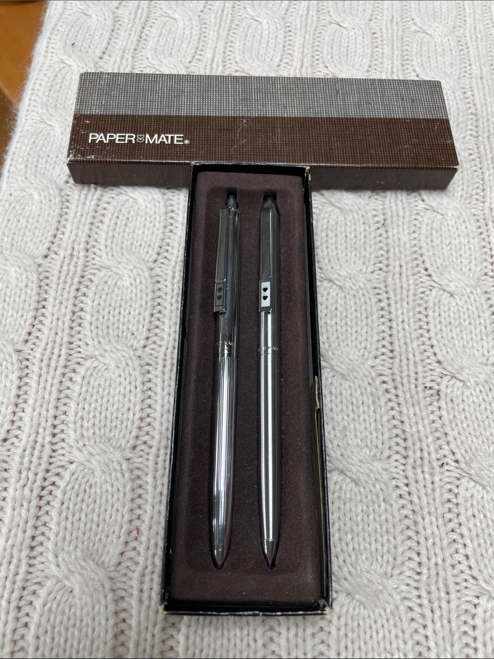 VTG unused Paper Mate Double Heart Slim Profile Chrome Pen & Pencil Set with box